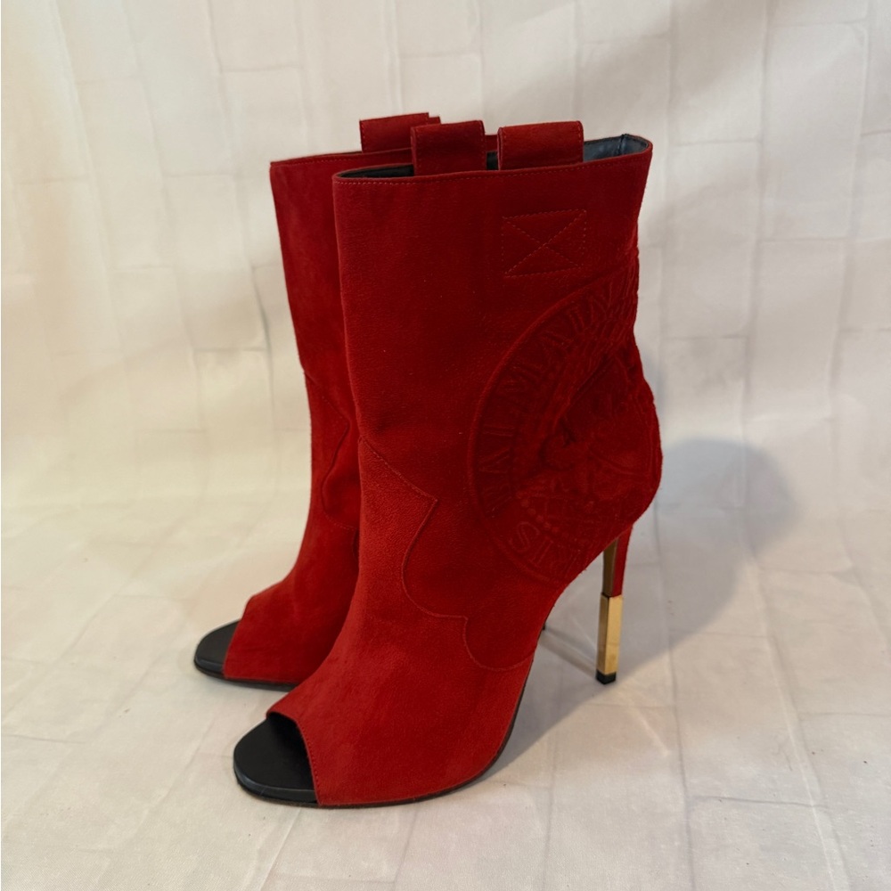 Balmain Red Suede Peep-Toe Ankle Boots – Women’s Designer High Heels